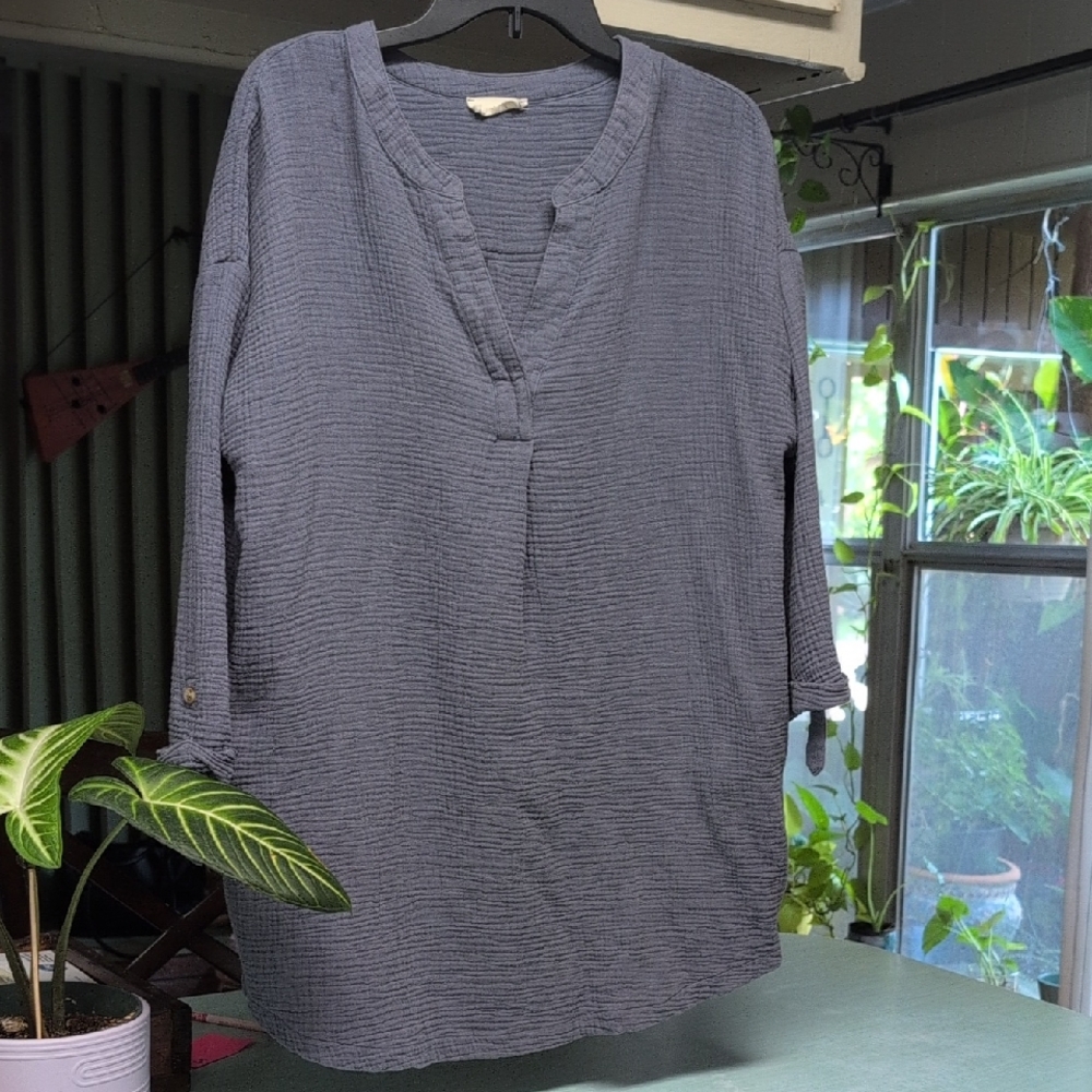 New In Gray 3/4 Sleeve Gauze Cotton Blouse